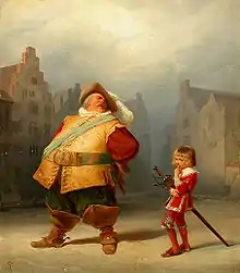 Peinture. Gros homme (pourpoint jaune, culotte verte, bottes évasées) devant un page en rouge, traînant sa lourde épée.