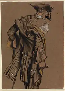 Modèle vu de dos, enfilant un uniforme du XVIIIe siècle, Université Stanford, Iris & B. Gerald Cantor Center for Visual Arts.