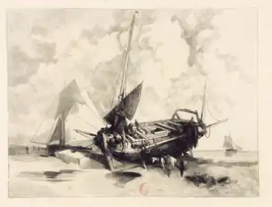 Une barque à marée basse. Boulogne-sur-Mer (1863), eau forte.