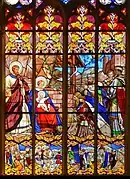 Vitrail de la chapelle St Joseph représentant l'Adoration des mages ainsi que les étapes précédant et suivant leur arrivée à Bethléem (XIXe siècle).