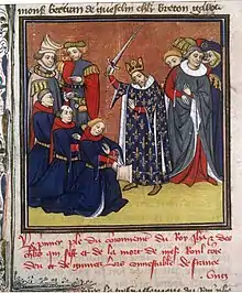 Enluminure (manuscrit XVe siècle). Le roi lève l'épée pour en frapper l'épaule de 3 hommes à genoux