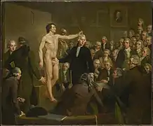 Peinture d'Adriaan de Lelie " un cours d'anatomie en 1792", le modèle nu adopte la pose de la sculpture de Houdon.