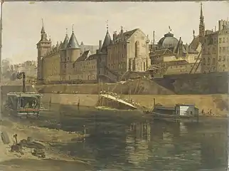 Le Palais de justice de Paris, la Conciergerie et la Tour de l'Horloge (entre 1857 à 1868).