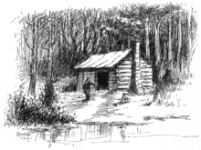 Cabane de rondins dans un bois. Une porte. Une cheminée sur le côté. Devant, un homme debout et un enfant assis.