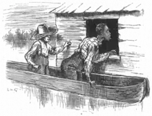 Gravure noir et blanc. En canoë, Huck et Jim se sont approchés de la maison qui flotte sur le fleuve. Jim regarde par une fenêtre.