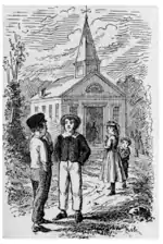 Deux garçons en pourparlers, filles les regardant de loin ; au fond, la chapelle de l'école du dimanche.