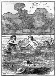 Dessin crayon noir. Enfants nus jouant dans l'eau, Au premier plan, vêtements éparpillés, arbres au fond, vol d'oiseaux.