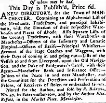 Advert that opens "This day is published, price 6d, A New Directory for the town of Manchester"