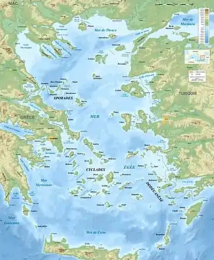 Carte de la mer Égée avec la mer de Crète au sud.