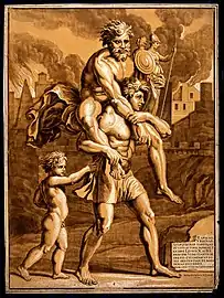 Aeneas carrying his father Anchises : épreuve en rouge et jaune.