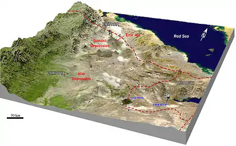 Vue en perspective de la dépression de l'Afar. La chaîne de l'Erta Ale est un fragment de dorsale océanique maintenant émergée. Des ponts de lave empêchent pour l'heure la mer Rouge de s'engouffrer dans la dépression de Danakil. Les effets de la tectonique d'effondrement feront sauter ce barrage de lave. À la place, s'étendra un océan auquel les spécialistes ont déjà donné un nom, l'océan érythréen.