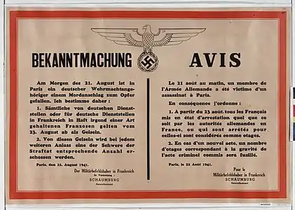 Affiche annonçant que les Allemands prendront des otages en représailles d'attentats contre des soldats allemands, le 21 août 1941.
