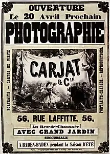 Affiche annonçant l'ouverture du studio Carjat de la rue Laffitte en 1861. Dessinateur Louis Émile Benassit.