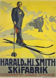 Une affiche représentant un homme sur des skis.