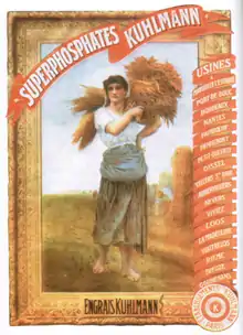 Devenues gérantes d'expoitations agricoles, les femmes sont ciblées par la publicité. Réclame de 1916 pour les engrais Kuhlmann.