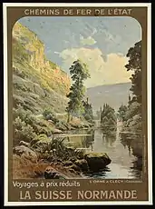 Affiche des Chemins de fer de l’État, « La Suisse Normande », l'Orne à Clécy, vers 1900.