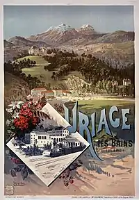 Affiche de la Compagnie des chemins de fer de Paris à Lyon et à la Méditerranée (PLM) : « Uriage les bains (Isère) », par Hugo d'Alesi, 1895