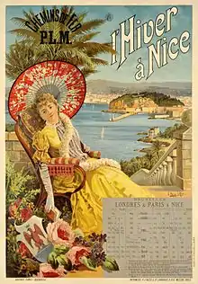 Affiche publicitaire du PLM vantant l'attrait de la ville de Nice
