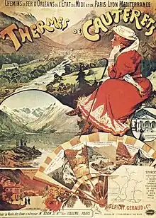 Affiche colorée présentant différentes images de la ville et de sa région, une femme en tenue distinguée contemplant un paysage entouré de montagnes à l'arrière-plan.
