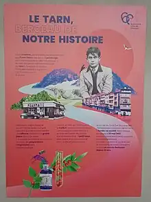 Affiche retraçant la vie et l'histoire de l'entreprise de Pierre Fabre dans la Tribune Rui au stade à Castres.