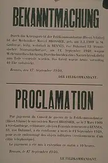 Affiche en allemand et en français annonçant la condamnation ç mort et l'exécution le jour même d'un résistant français, Marcel Brossier, pour avoir sectionné un câble téléphonique.