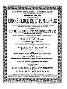 Affiche noir et blanc de la conférence du Dr P. Michaux à l’occasion de la IIe grande fête sportive donnée au cirque de la Grave