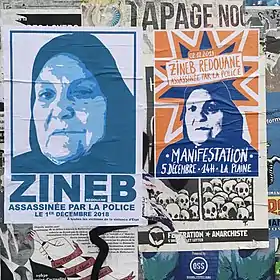 Affiches en mémoire de Zineb Redouane, rue d'Aubagne à Marseille, en 2020.