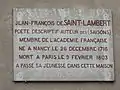 Plaque de la maison où habitait J.-F. de Saint-Lambert.