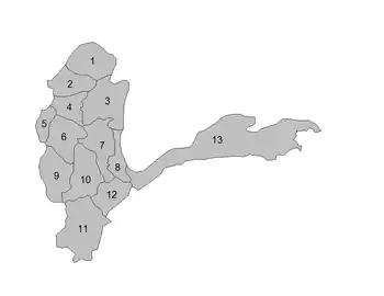 La numérotation est en zig-zag, allant du nord (numéro 1) au sud (numéro 11). Le numéro 13 est le très long « bras » à l’est du pays. Le numéro 7, ancien district de Baharak, et le seul à ne pas avoir de frontière extérieure à la province.