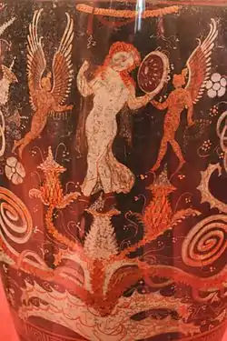 Aphrodite, déesse de la Fertilité, entourée de deux Éros aux ailes de colombe. IVe siècle av. J.-C. Musée archéologique de Paestum