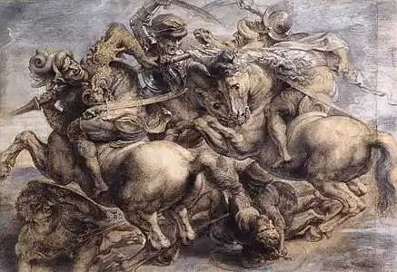 La lutte pour l'étendard de la bataille d'Anghiari,anonyme d'après Léonard de Vinciretouché et élargi par Pierre-Paul Rubens, techniques variées, avant 1550 (retouché en 1603).