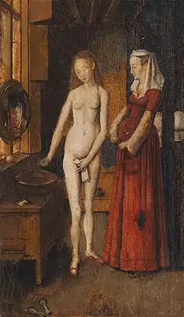 Peinture. Dans une pièce peu éclairée, où domine la couleur marron, une femme nue en pied fait sa toilette, aidée d'une autre femme habillée.
