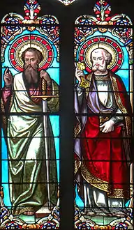 Vitrail de saint Paul et saint Pierre avec signature du maître-verrier Joseph Villiet