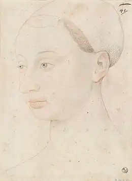 Tête de femme, ornée d'une coiffe masquant les cheveux, un collier sur le haut du front