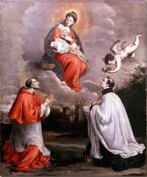 Charles Borromée (à gauche) et Louis de Gonzague priant la Vierge Marie, Agostino Bonisoli (1695), Musée de Mantoue.
