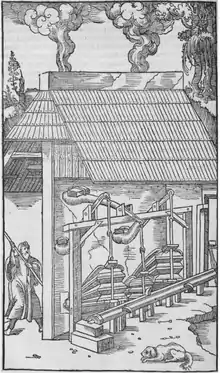 De Re Metallica par Georgius Agricola. Haut fourneau et batterie de soufflets.