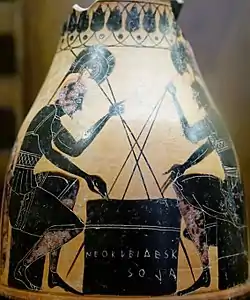 Achille et Ajax absorbés par un jeu de dés et de pions, œnochoé à figures noires ( 530 a.C.).