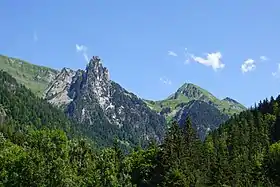 L'aiguille de Manigod (à gauche) et la tête de l'Aulp (à droite) vues depuis la vallée de Manigod au nord-ouest.