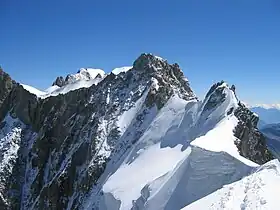 Vue de l'aiguille de Rochefort et des Grandes Jorasses depuis le bas de la Dent du Géant.