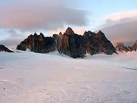 Les aiguilles Dorées depuis le glacier du Trient. Au centre, la tête Biselx (3 507 m) et, tout à droite, l'aiguille de la Varappe (3 517 m).