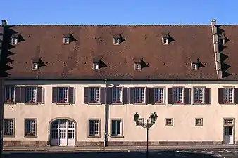Photographie couleur d'un bâtiment à toiture Biberschwanz et crépi en rose.
