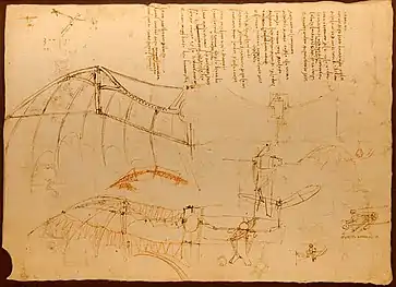 Conception d'une machine volante à ailes battantes par Léonard de Vinci.