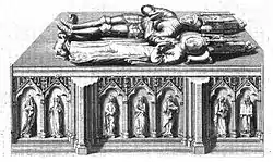 Gravure représentant une tombe sur laquelle un couple de gisants a été représenté.
