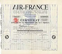 Certificat d'actions d'Air France S.A. de 20 actions de 500 francs chacune, émis à Paris le 2 août 1937, avec la signature de son fondateur Ernest Roume en tant que président