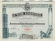 Action d'Air Liquide S.A. de 100 francs, émise à Paris le 10 juillet 1937, avec signature de Paul Delorme, 1902-1945 président de la compagnie