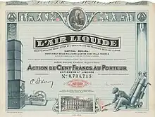 Action d'Air Liquide S.A. de 100 francs, émise à Paris le 10 juillet 1937, avec signature de Paul Delorme en tant que président de la société