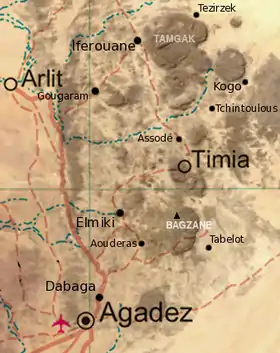 Carte de l'Aïr avec localisation des monts Bagzane au sud-est.