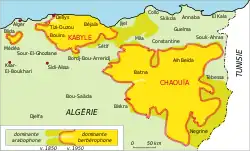 Carte de la répartition des aires linguistiques du nord-est algérien.