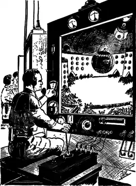 "Buck Rogers" actionnant les commandes d'une "boule d'air" pilotée à distance. Amazing Stories (mars 1929).