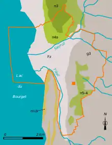 schéma en couleurs d'une carte représentant le zonage géologique d'un territoire ; légende détaillée ci-dessous.